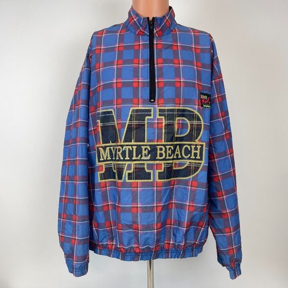 Surf Style Myrtle Beach South Carolina Plaid Windbreaker Jacket Vtg 90s Size XL - Picture 2 of 5